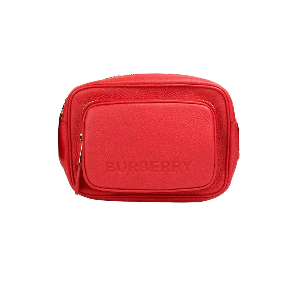Burberry small red leather camera crossbody bag with adjustable strap and zip pockets.