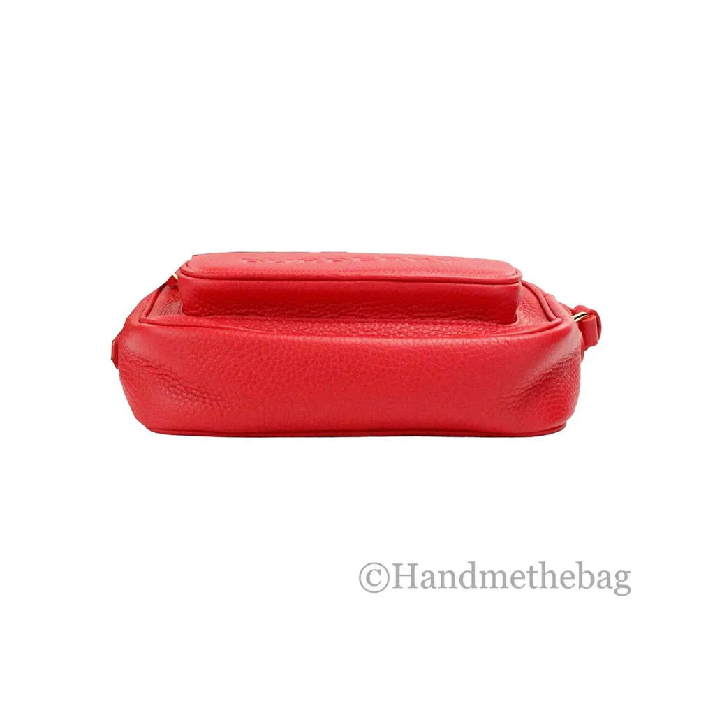 Burberry small red leather camera crossbody bag with adjustable strap and outer zip pocket.
