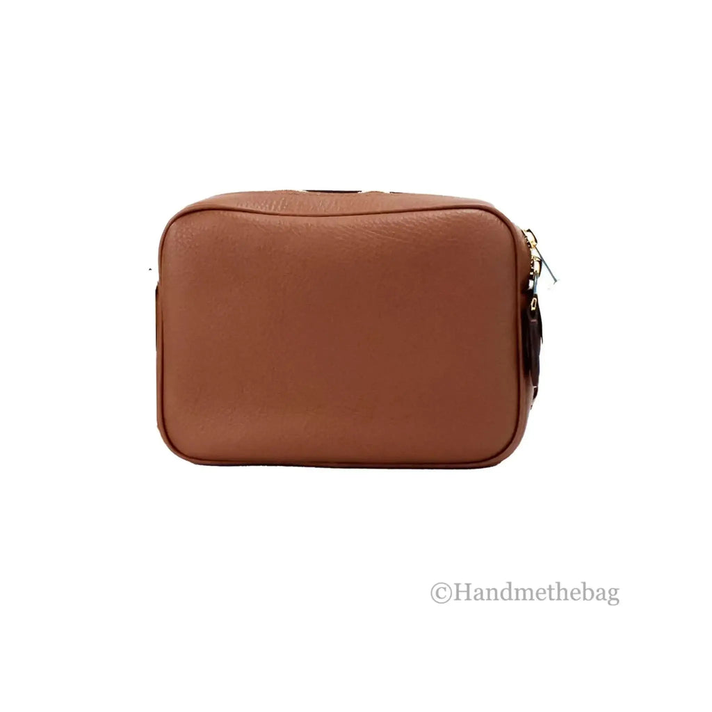 Burberry small tan leather camera crossbody bag with adjustable strap and zip pocket.