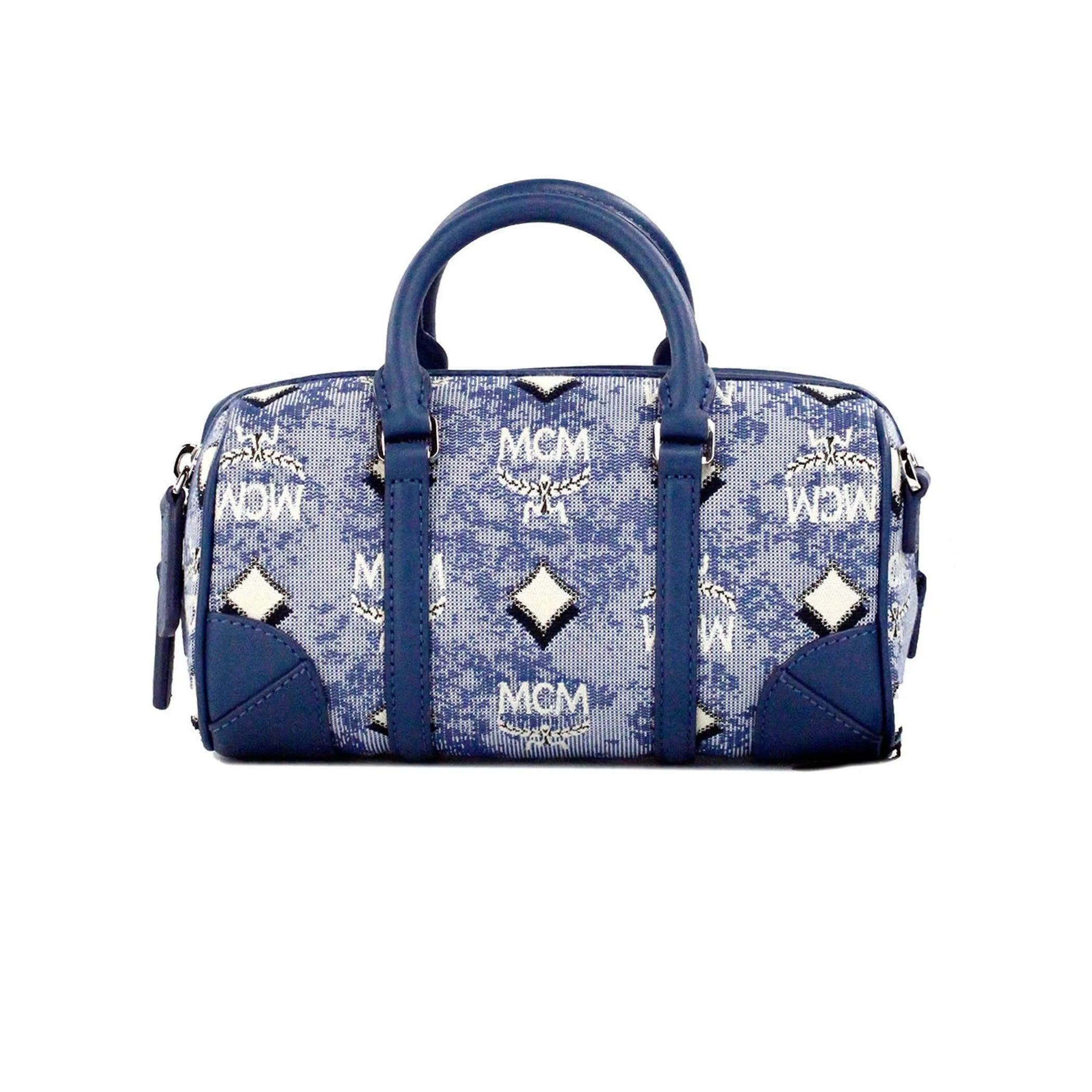 MCM Boston Mini blue vintage jacquard satchel crossbody bag with logo pattern.