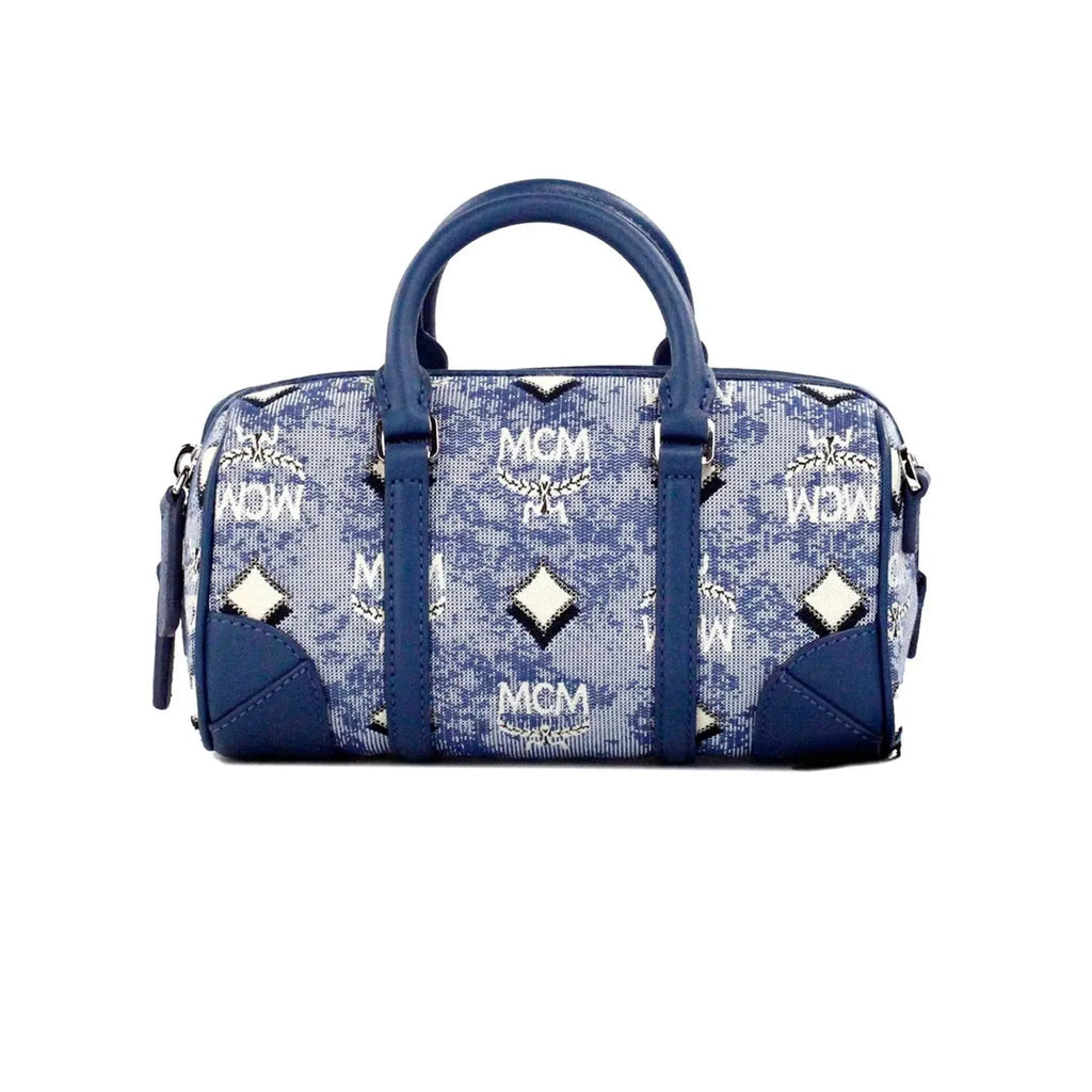 MCM Boston Mini Blue Vintage Jacquard Satchel Crossbody Bag with adjustable strap and inner slip pocket.