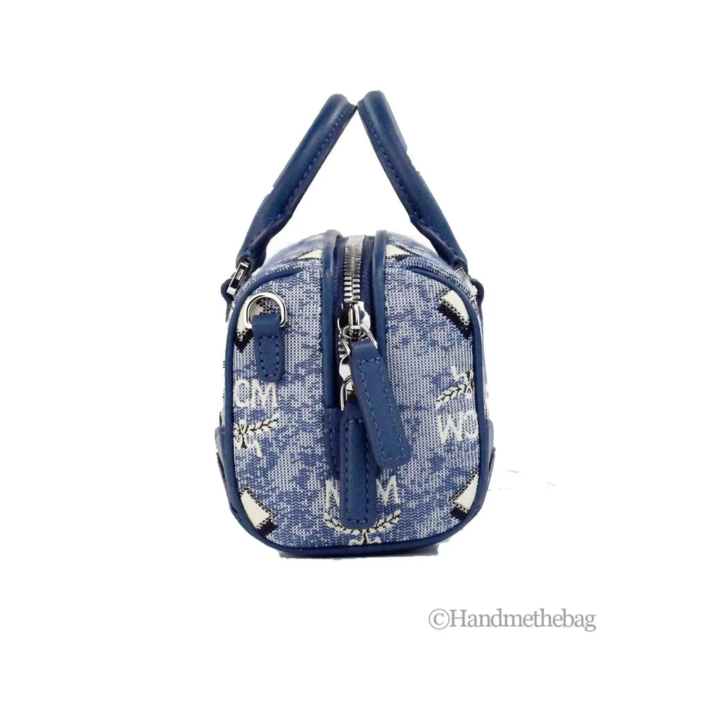 MCM Boston Mini Blue Vintage Jacquard Satchel Crossbody Bag with detachable strap and logo design.