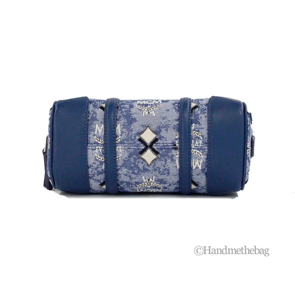 MCM Boston Mini Blue Vintage Jacquard Satchel with adjustable crossbody strap.