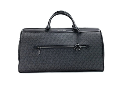 Michael Kors Travel Extra Large Black Duffel Bag in signature PVC with adjustable strap and zip closure.