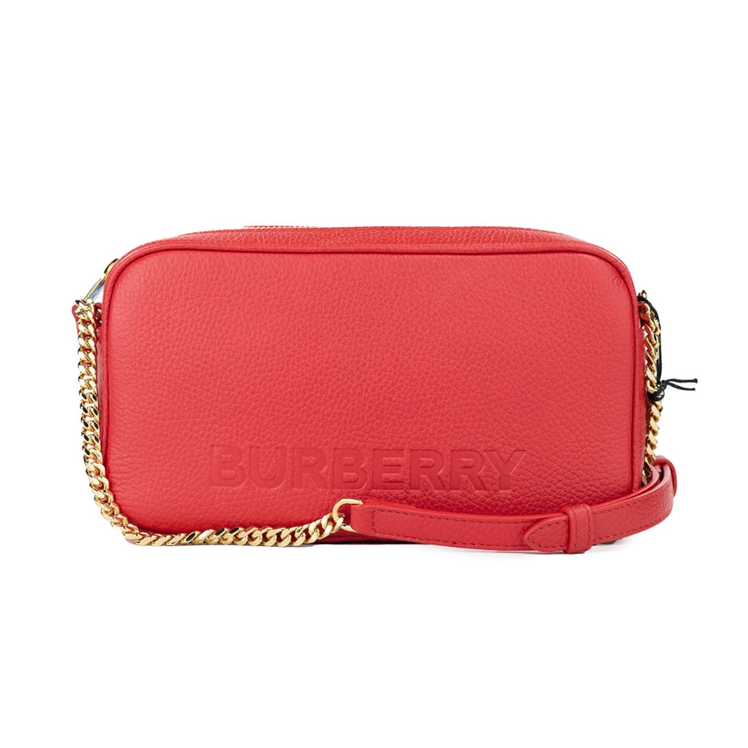 Burberry small red leather elongated camera crossbody bag with gold chain strap.