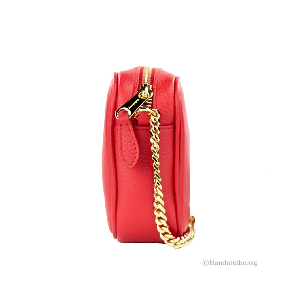 Burberry small red leather camera crossbody bag with pebbled leather, zip closure, and gold chain strap.
