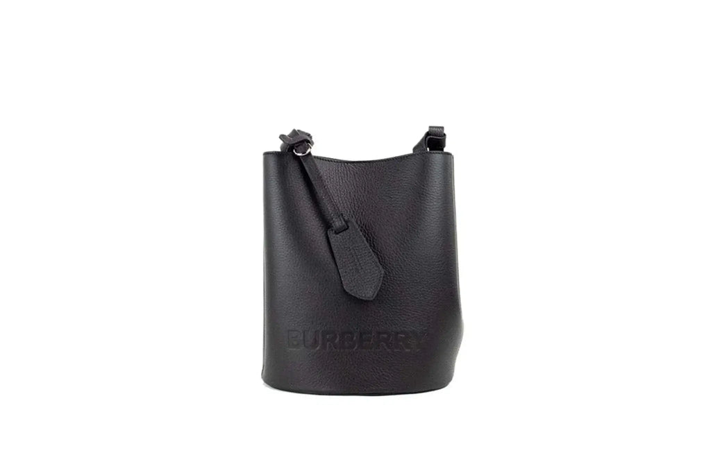 Burberry Lorne Small Black Leather Bucket Crossbody Bag with adjustable strap and magnetic closure.