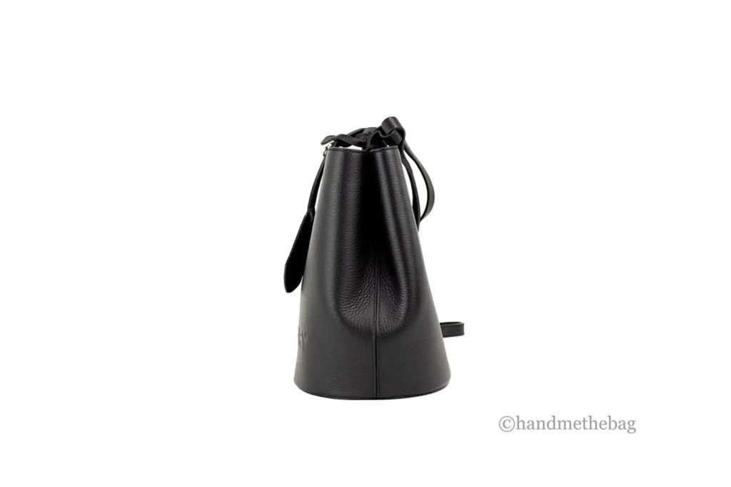 Burberry Lorne small black leather bucket crossbody bag side view.