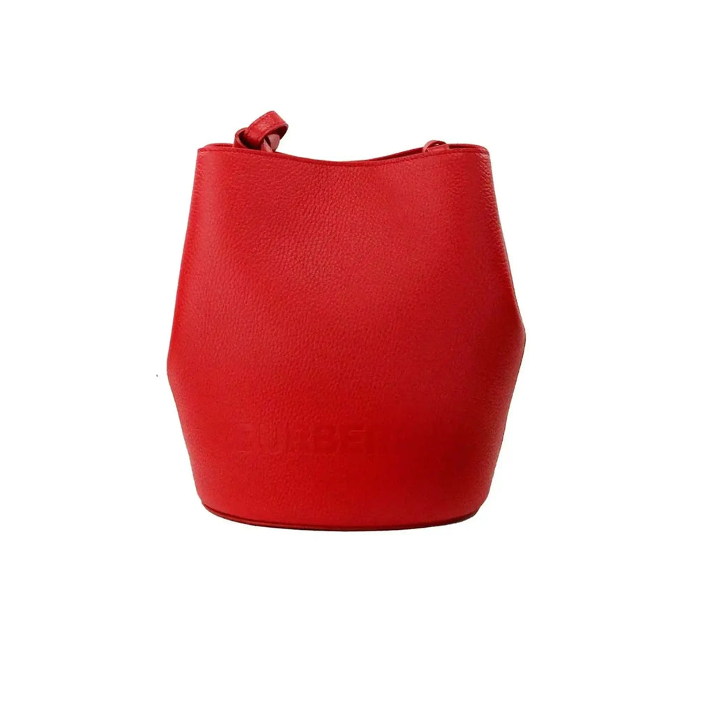 Burberry Lorne small red branded leather bucket crossbody bag with pebbled texture and adjustable strap.