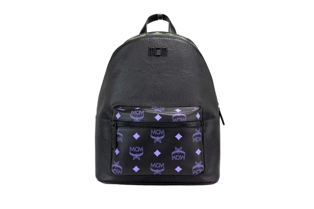 MCM Color Splash Visetos Medium Backpack in green and purple, high-quality mixed leather, spacious design.