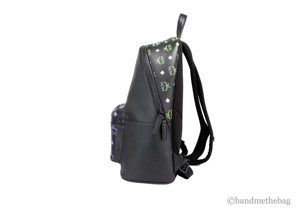 MCM Color Splash Visetos Medium Backpack in green and purple mixed leather, side view.