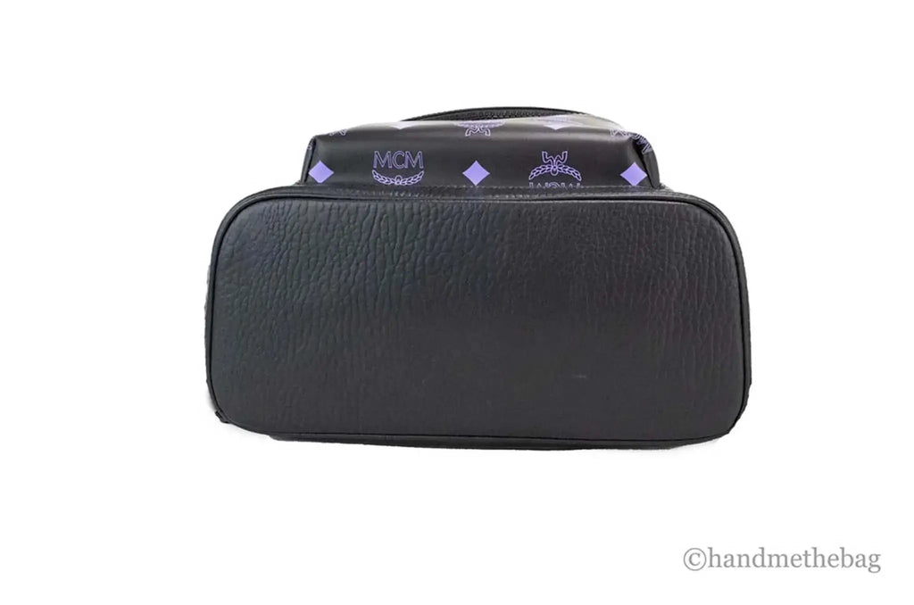 MCM Color Splash Visetos Medium Backpack with green and purple design, leather base view, iconic patterns.