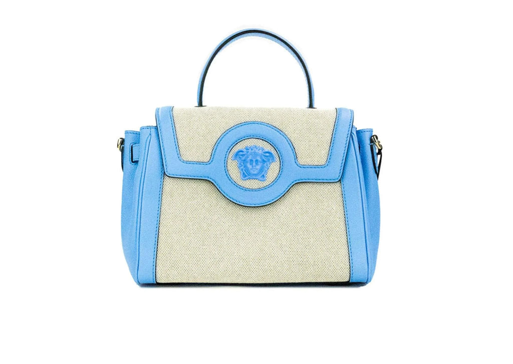 Versace La Medusa blue leather canvas satchel tote with detachable straps and Medusa emblem.