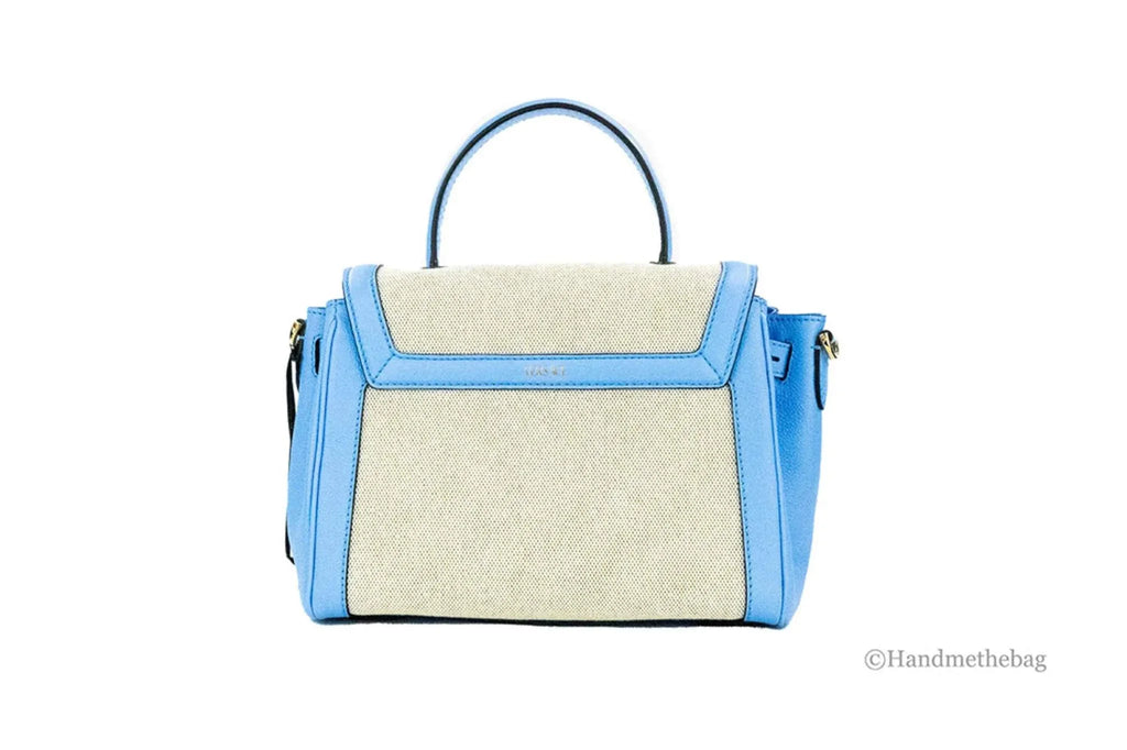 Versace La Medusa blue leather canvas satchel tote with adjustable strap and magnetic flap closure.