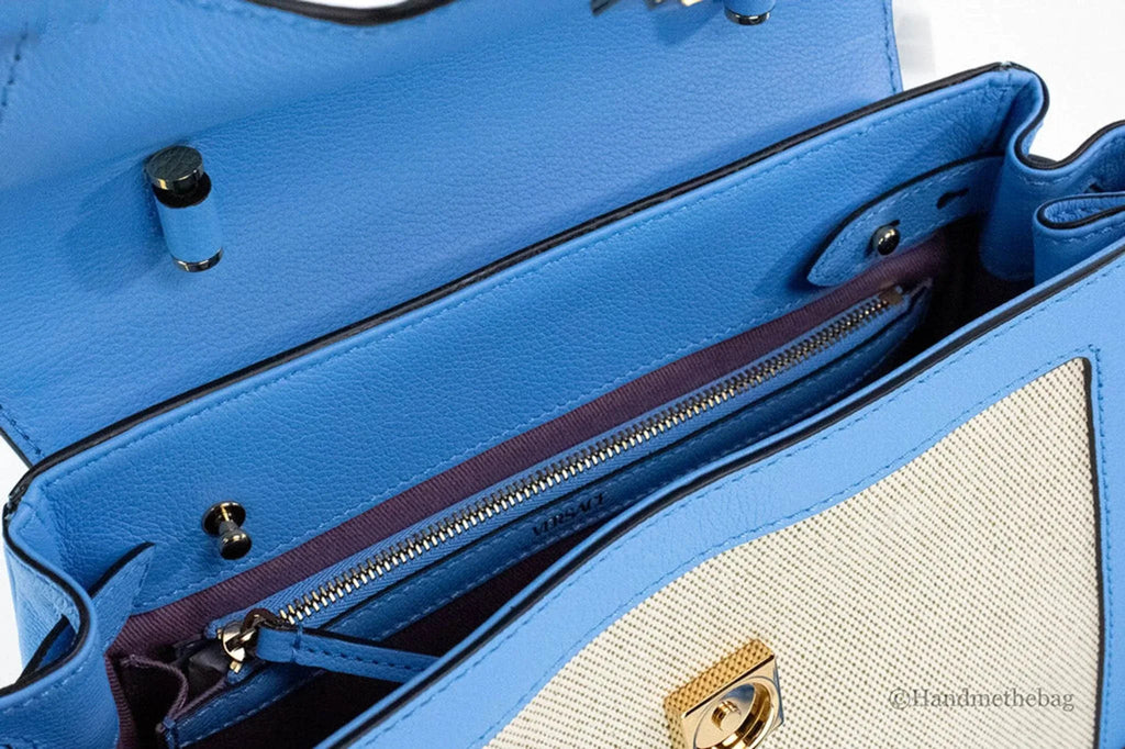 Versace La Medusa blue leather canvas satchel tote with inner zip pocket and magnetic flap closure.