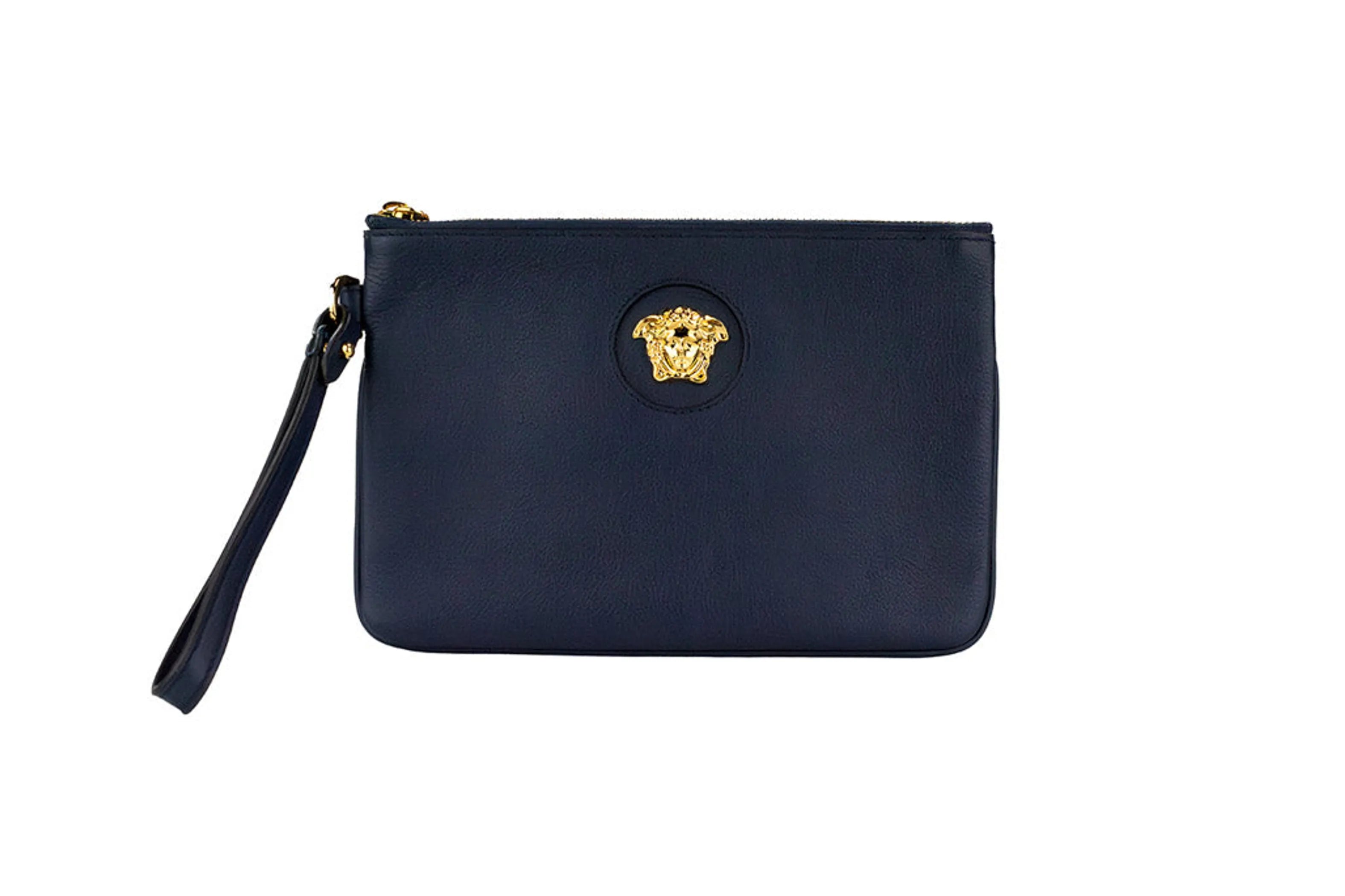 Versace Small Navy Pebbled Leather Wristlet Clutch Pouch with detachable wrist strap and zip closure.