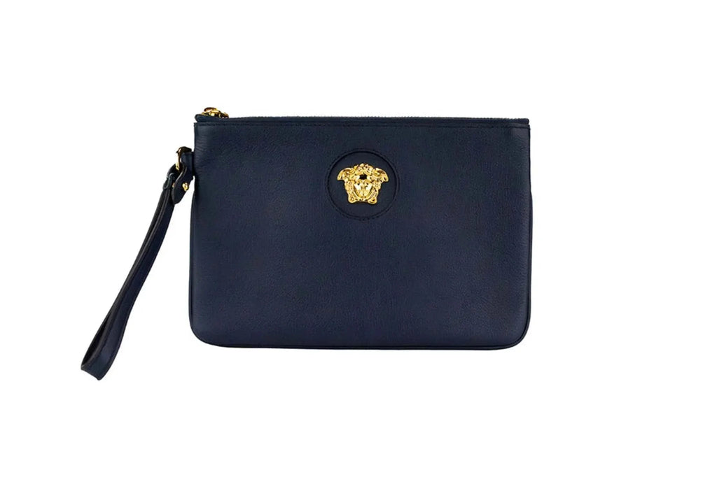 Versace small navy pebbled leather wristlet clutch pouch with detachable strap and zip closure.