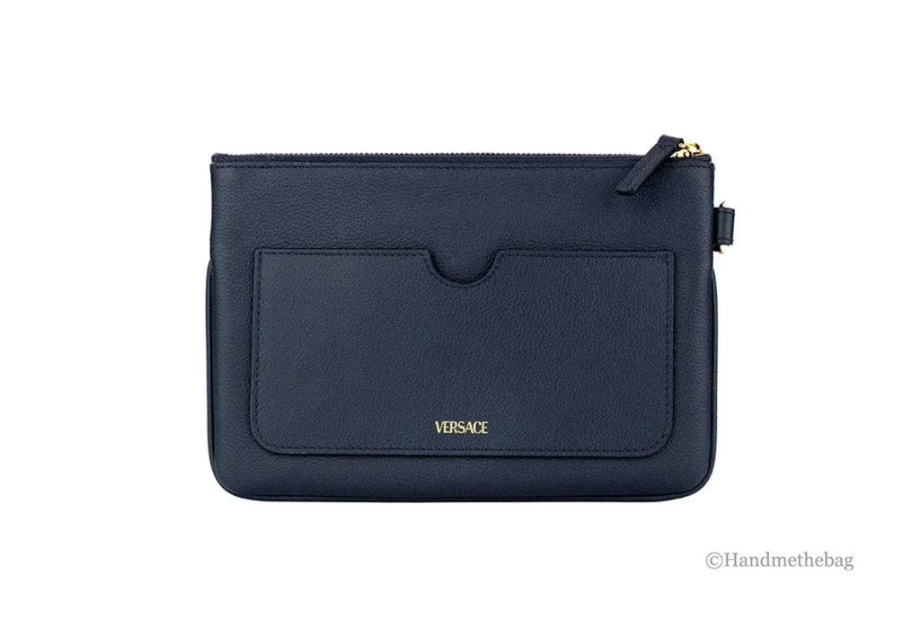 Versace small navy pebbled leather wristlet clutch pouch with detachable strap and zip closure.