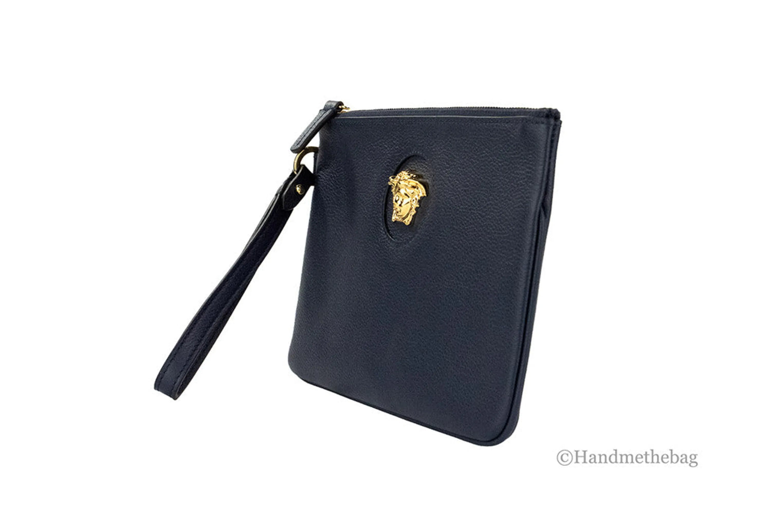 Versace Small Navy Pebbled Leather Wristlet Clutch Pouch