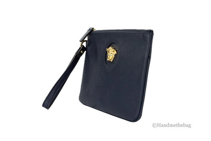 Versace Small Navy Pebbled Leather Wristlet Clutch Pouch