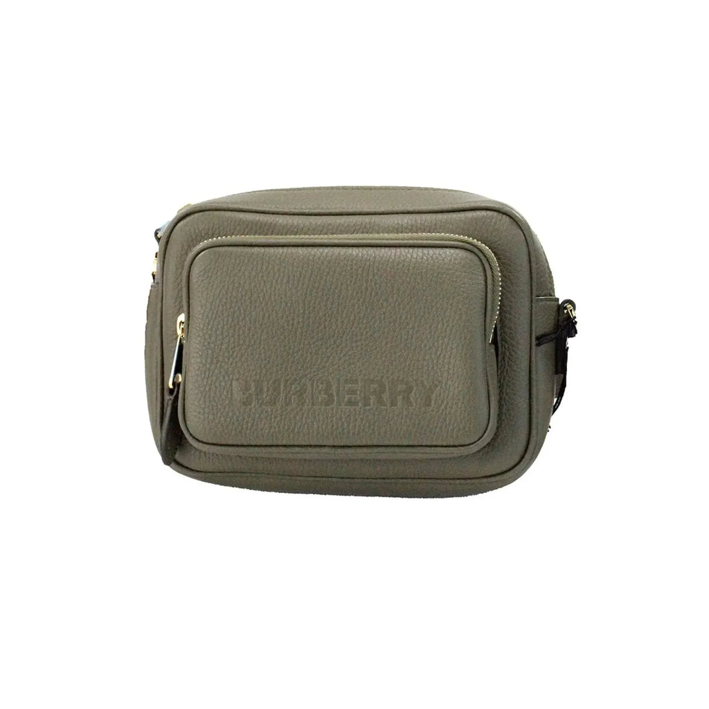 Burberry small fern green leather camera crossbody bag with adjustable strap and zip pocket.