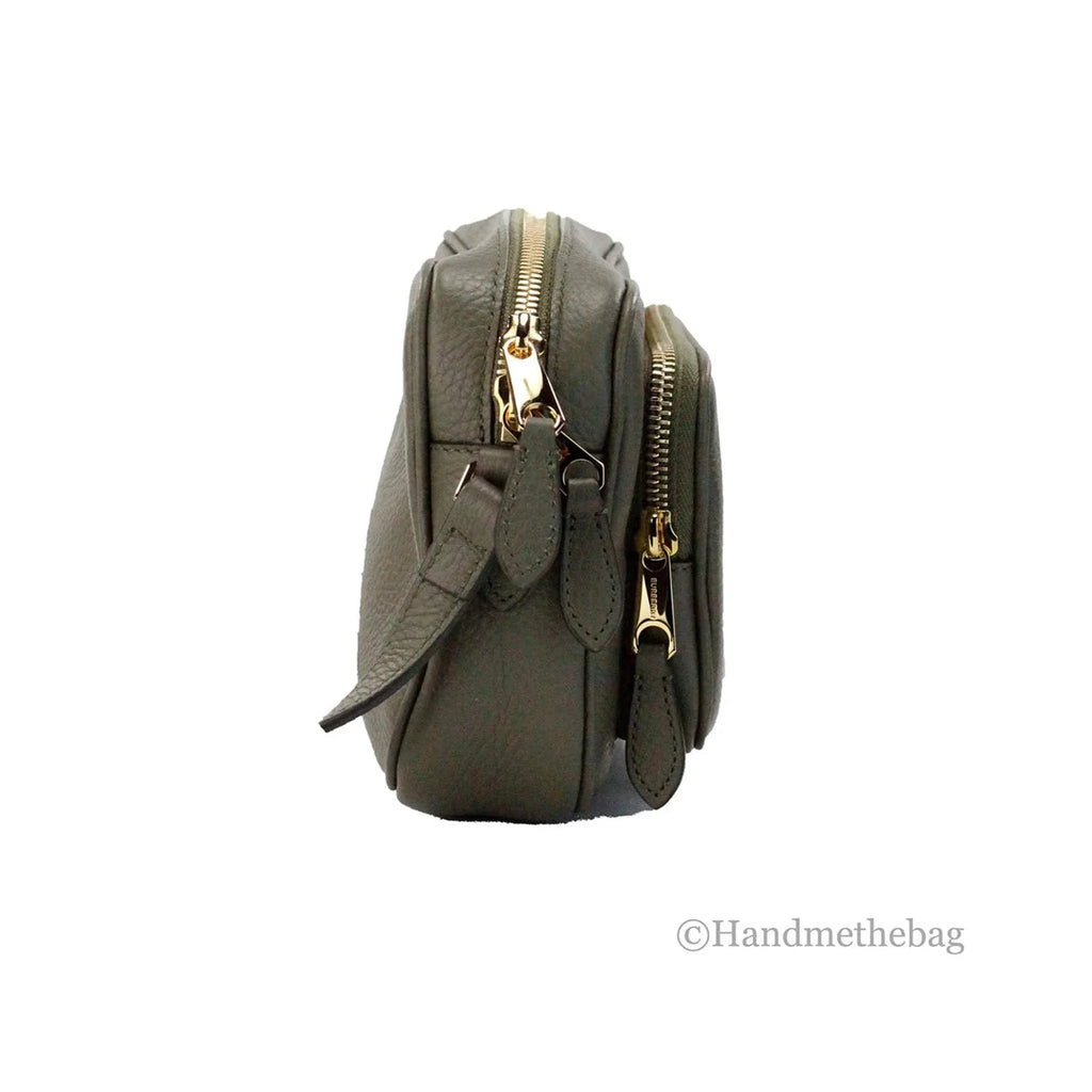 Burberry small fern green leather camera crossbody bag with adjustable strap and zip pocket.