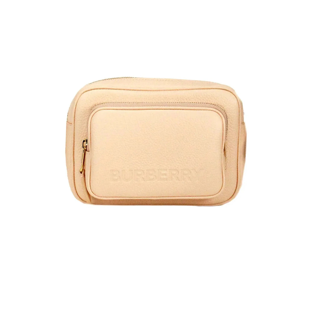 Burberry small peach pink leather camera crossbody bag with adjustable strap and zip pocket.