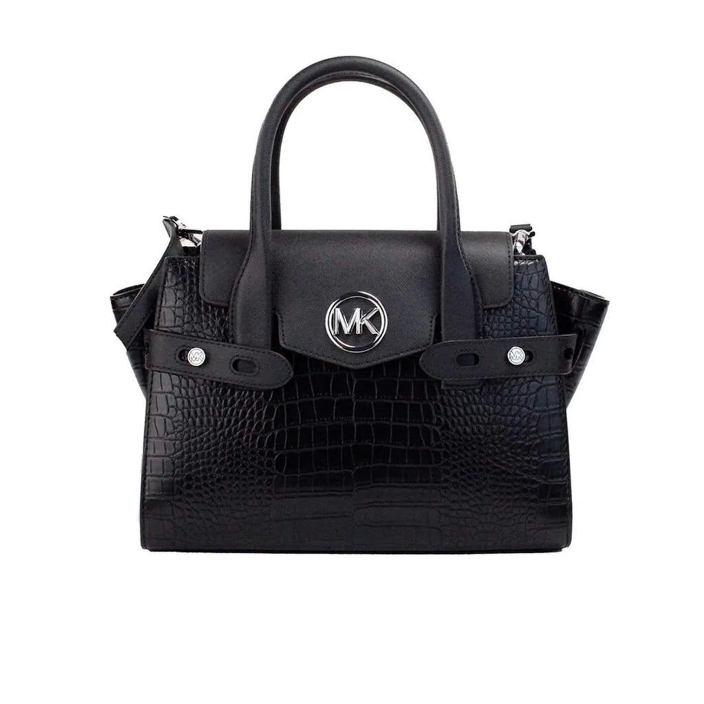 Michael Kors Carmen Medium Black Embossed Leather Satchel with Animal Print and Saffiano Leather, featuring a magnetic flap closure and adjustable crossbody strap.