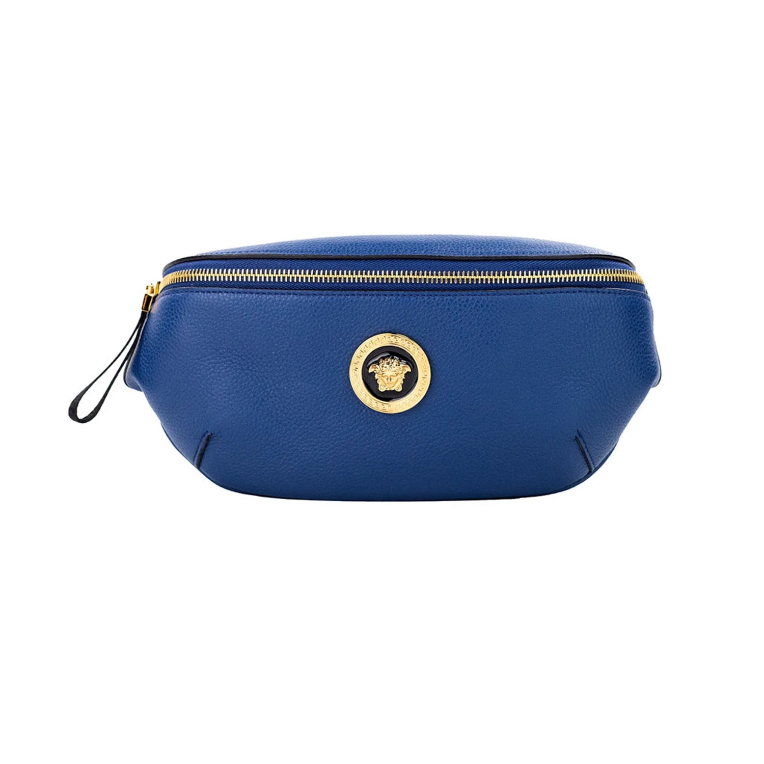 Versace small navy leather fanny pack with Medusa pendant and zip closure.