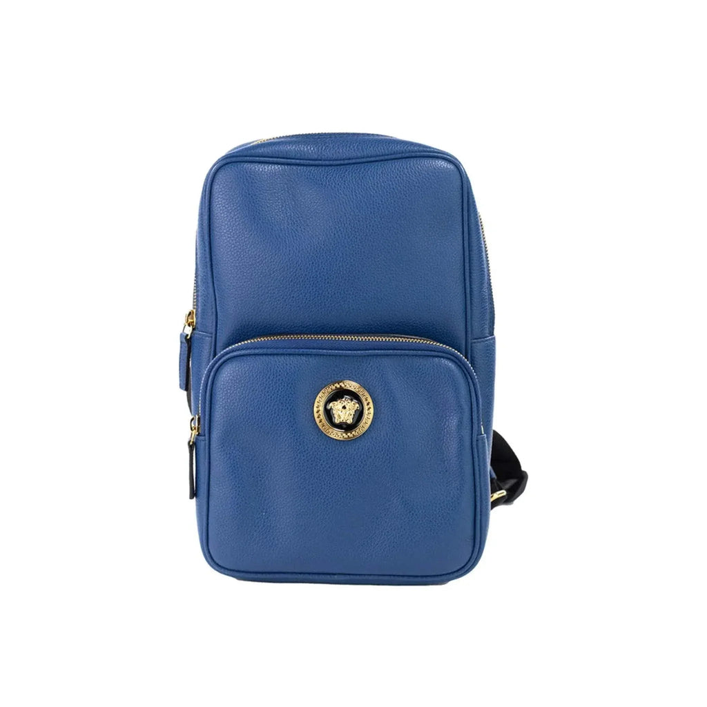 Versace Medusa navy blue leather sling pack backpack with gold medusa emblem, adjustable strap, and dual zip compartments.