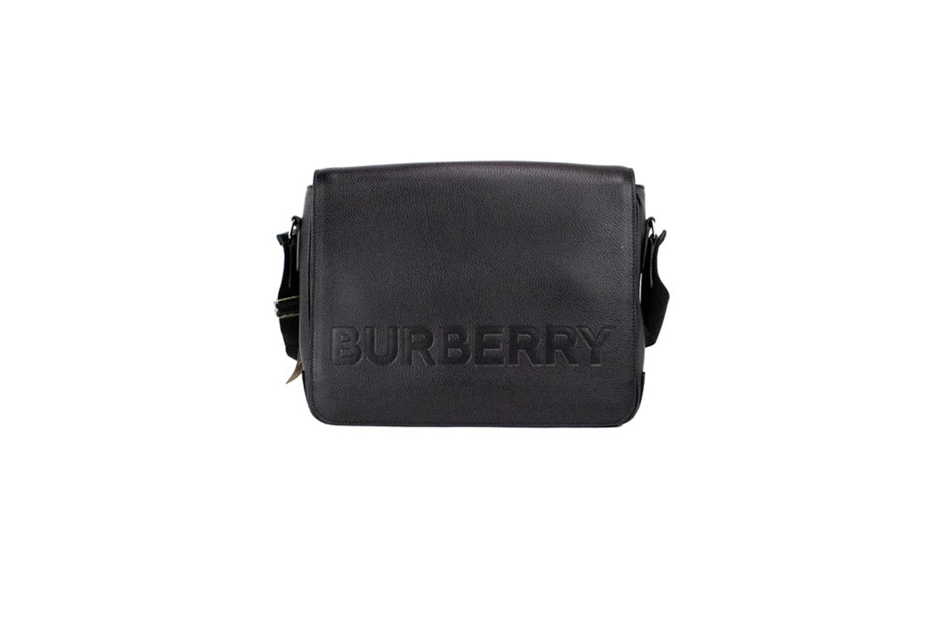 Burberry Bruno Small black embossed leather crossbody bag with adjustable strap.