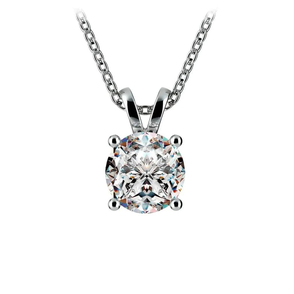 1.50 Ctw prong set round lab-grown diamond pendant in 14K white gold on 18-inch chain.