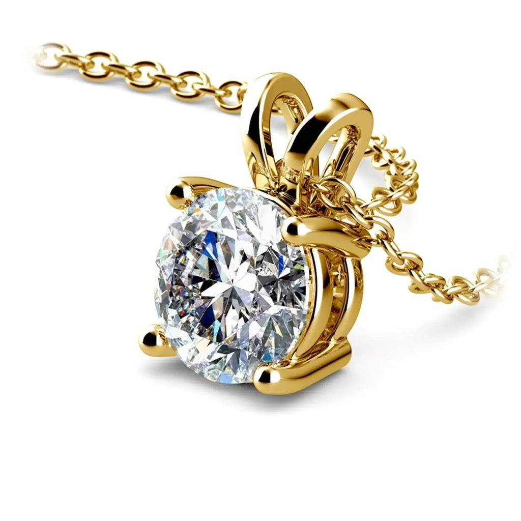 Round lab-grown diamond pendant in 14k yellow gold with prong setting, 1.50 ctw, G-VS clarity on 18-inch chain.