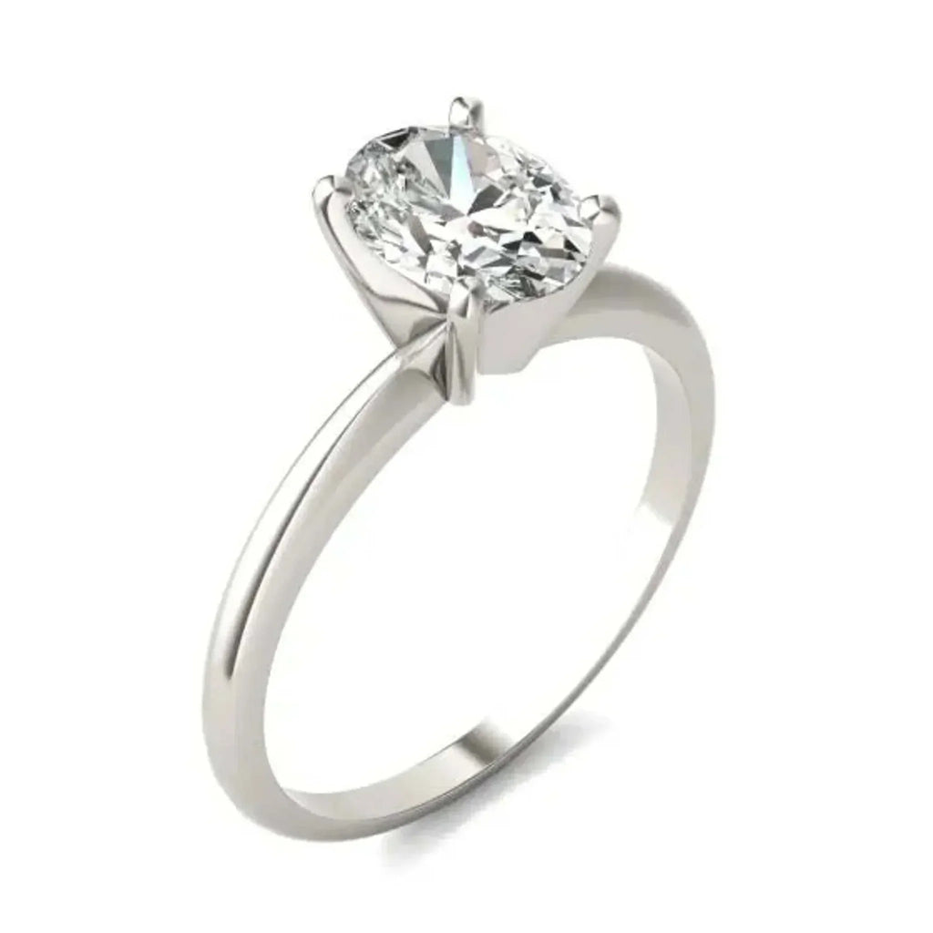 1 1/2 CTW oval lab-grown diamond solitaire engagement ring in 14K white gold.