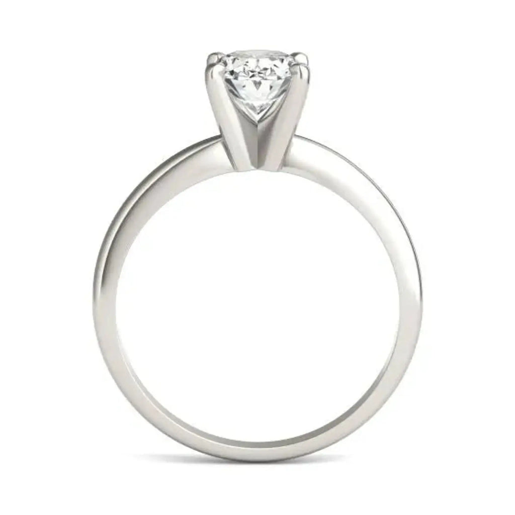 Oval lab-grown diamond solitaire engagement ring in 14K white gold, featuring 1 1/2 CTW with excellent cut and VS1+ clarity.
