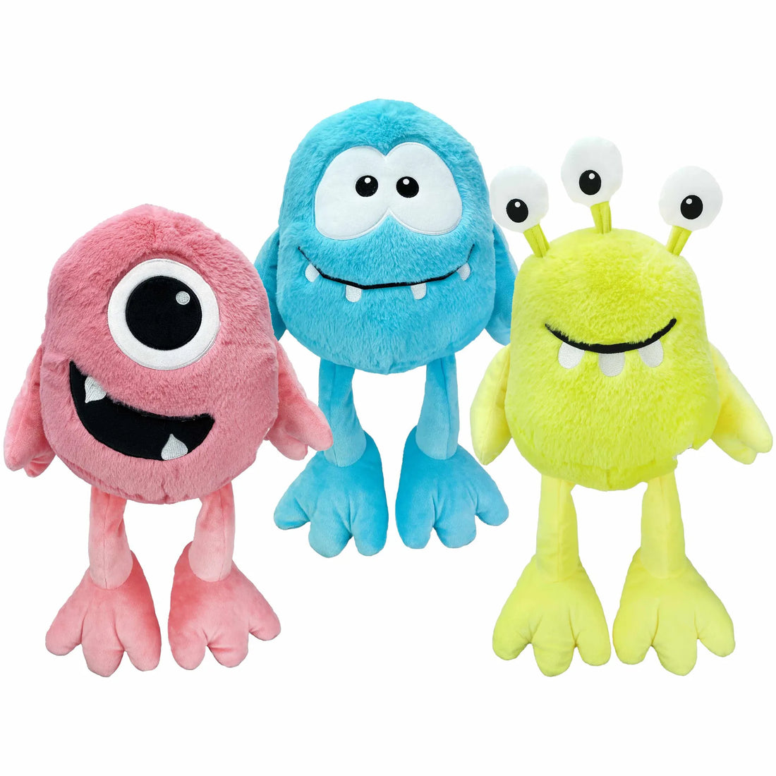 Multipet Monsters Plush Dog Toy in assorted colors with happy faces and large squeakers.