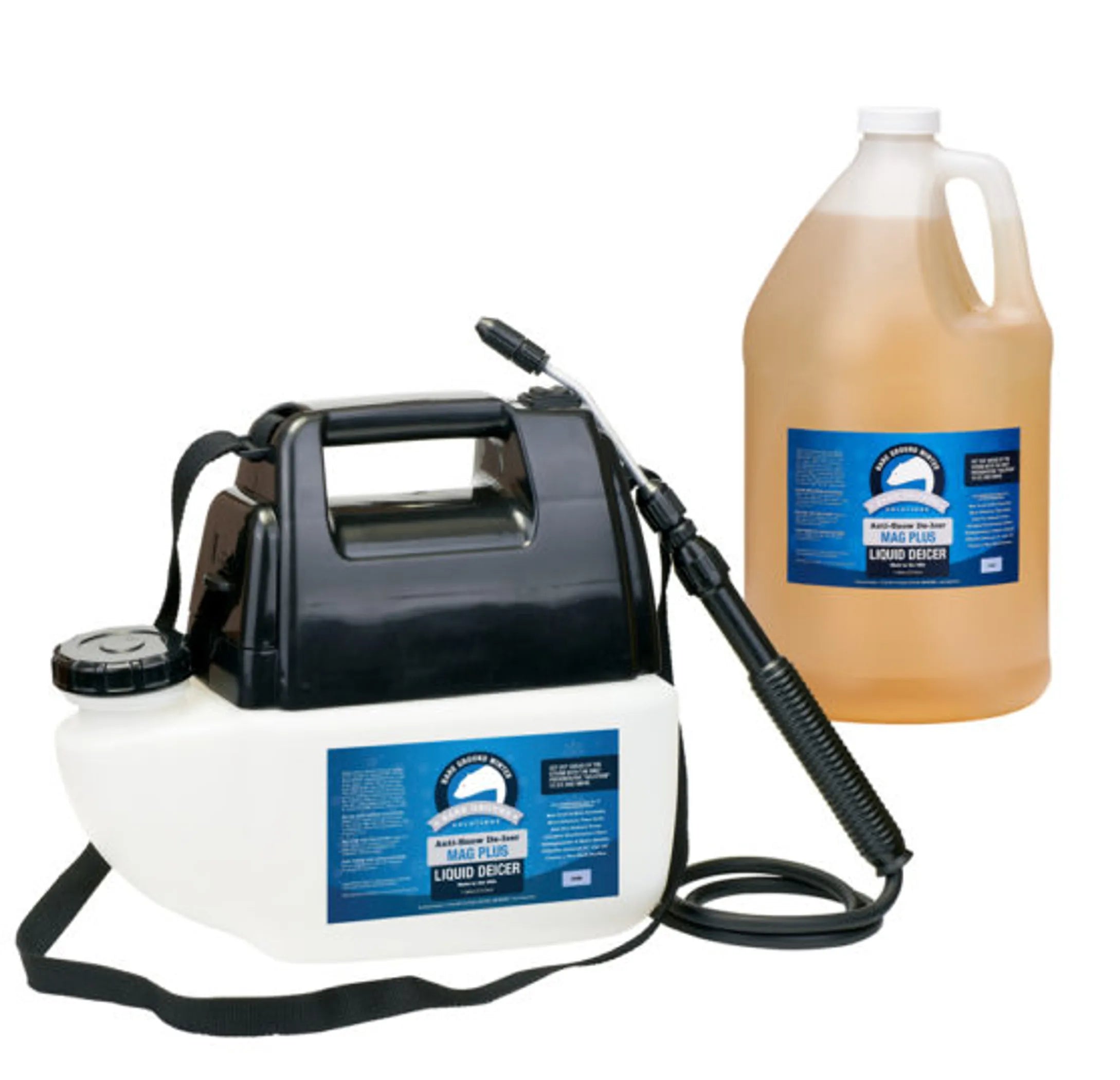 Battery Mag Plus powered sprayer with Mag Plus Liquid Deicer, environmentally friendly and biodegradable.