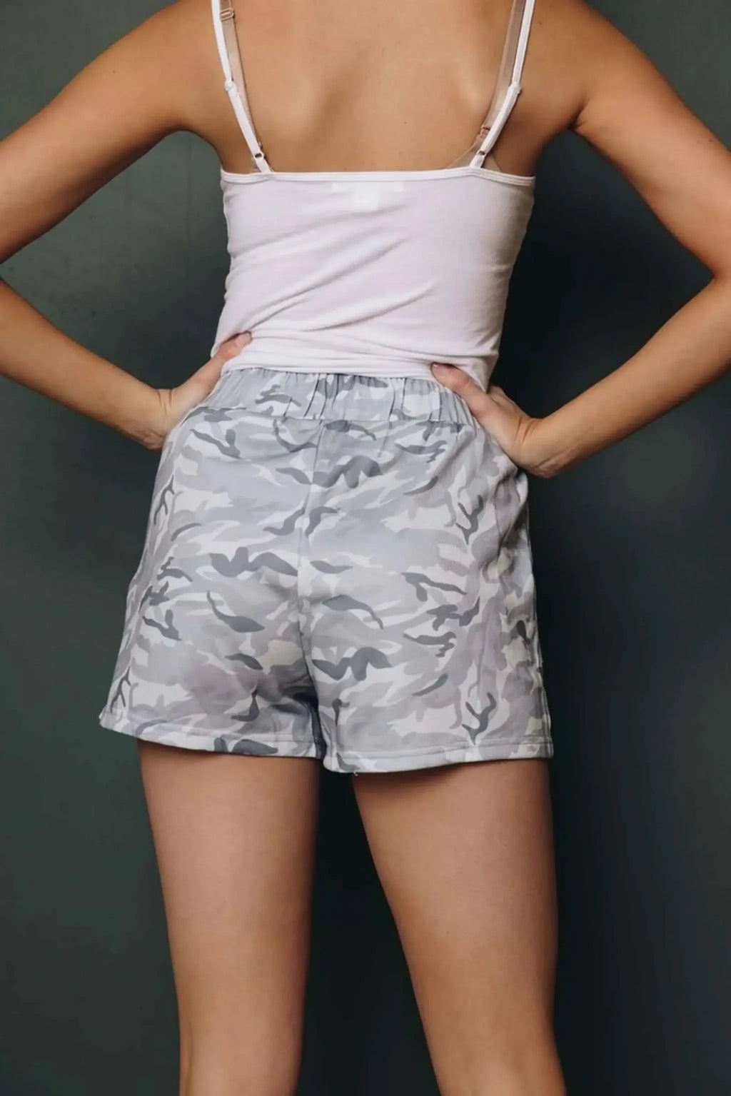GI Joe Drawstring Shorts in Gray Camo, loose fit, polyester-spandex blend, versatile and easy-care.