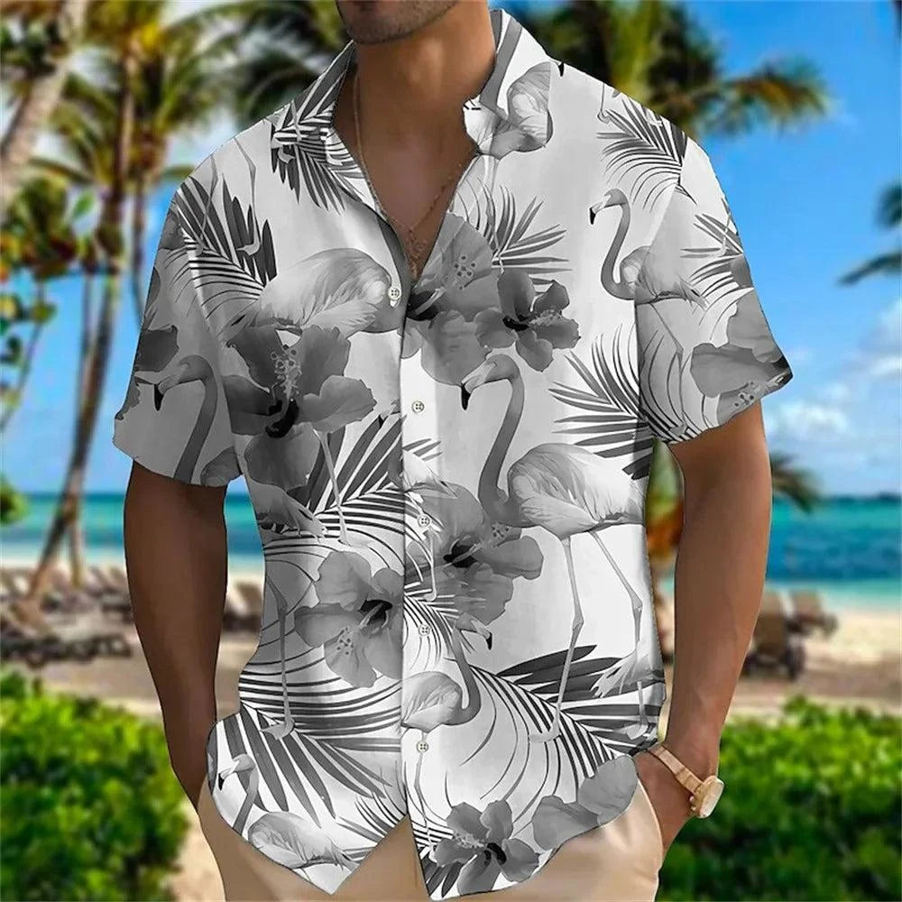 2023 summer men's Hawaiian shirt with crane and flower print, beachwear, plus size.